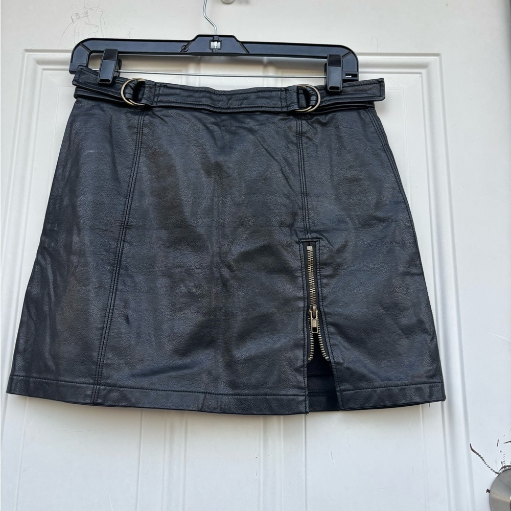 Altar'd State Black Faux Leather Mini Skirt with Belt & Front Zip